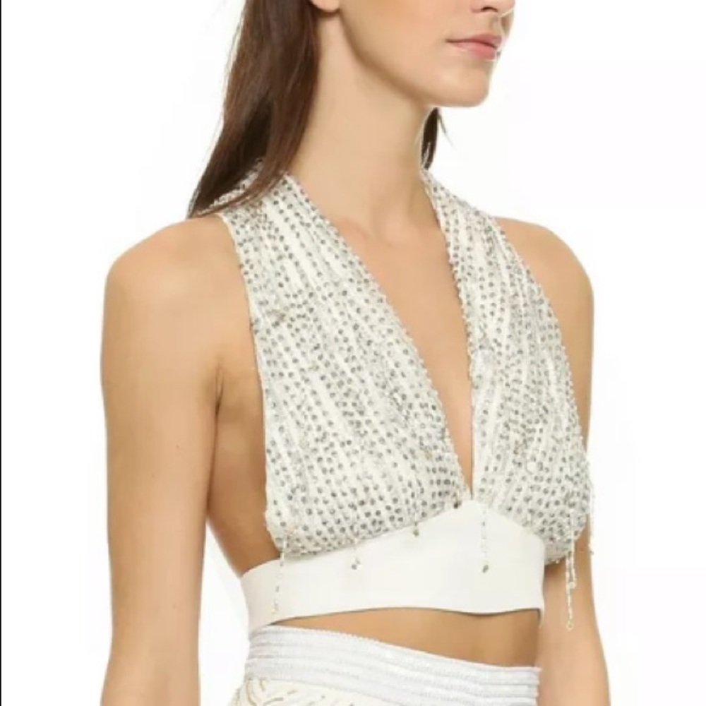 Rodarte Hand Beaded White Gold Sequin Halter vneck - Picture 4 of 8